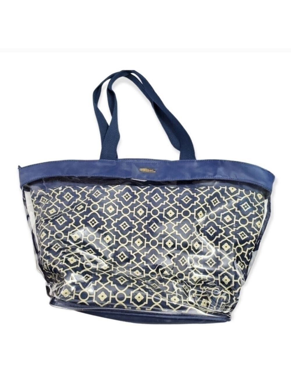 Navy Gold Geometric Print Clear Beach Tote Bag Large